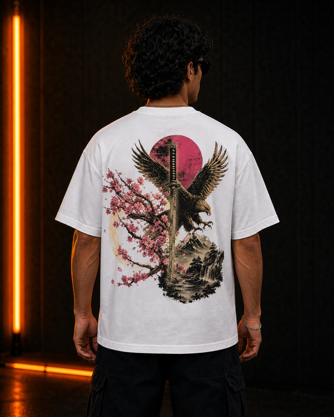 Katana oversized white tee, eagle and katana back print, on model