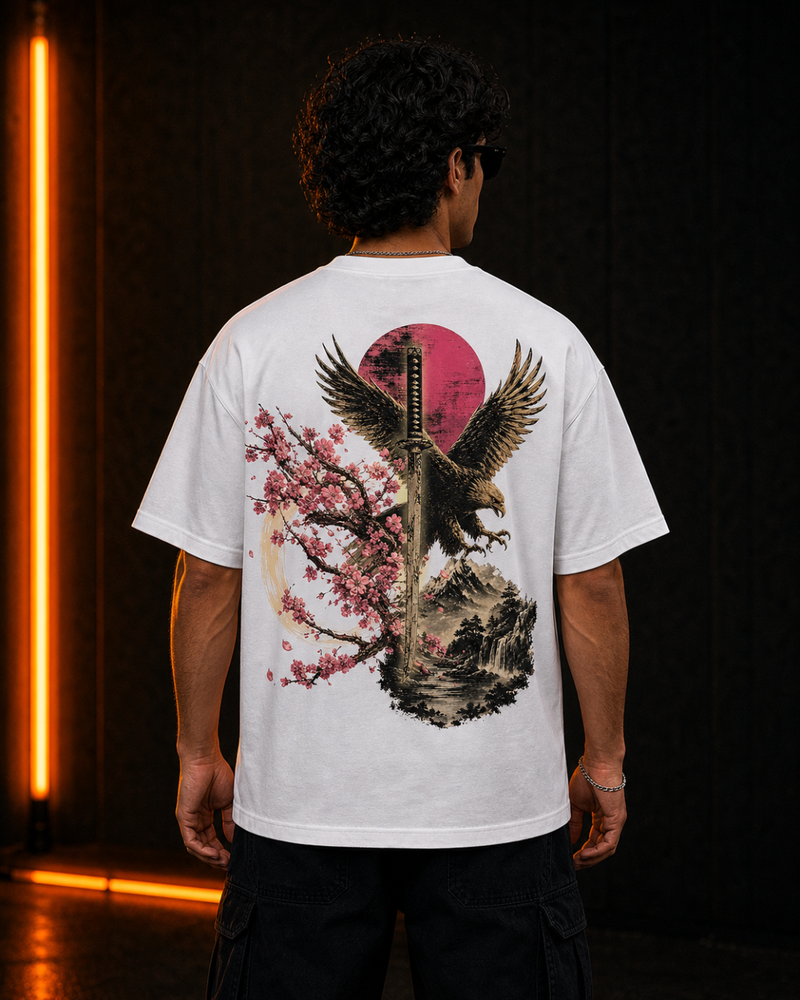 Katana oversized white tee, eagle and katana back print, on model