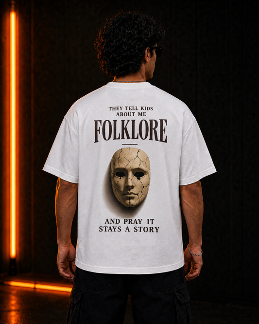 Folklore oversized white tee, back print on model