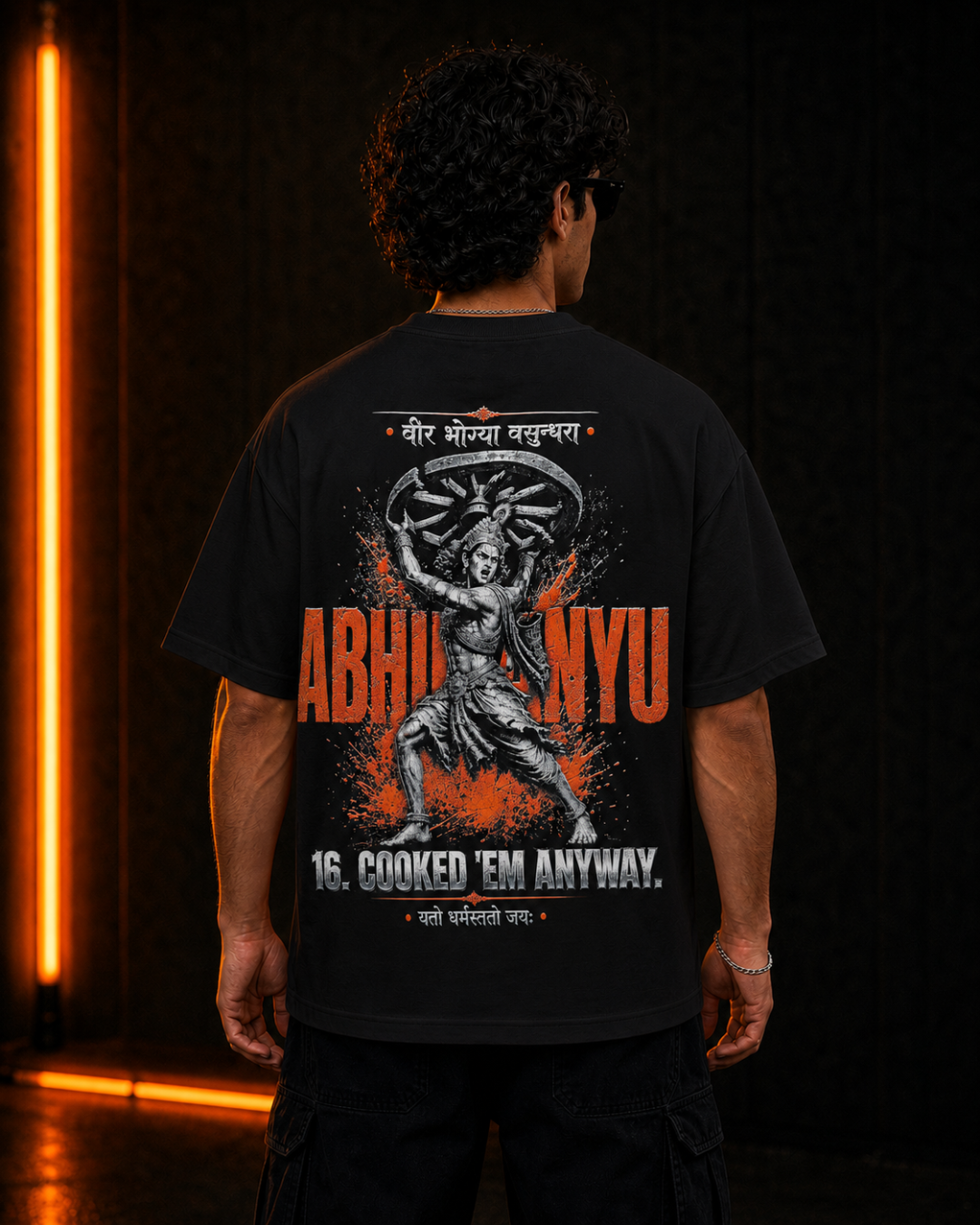 Abhimanyu oversized Black tee, front on model
