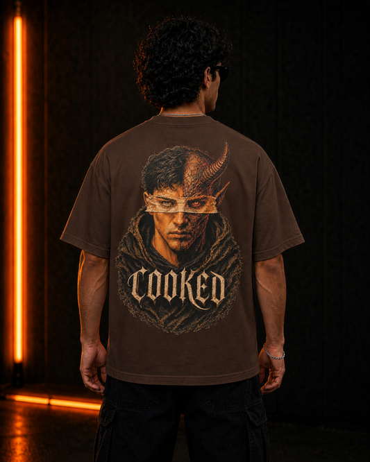 Demon oversized Brown tee, front on model