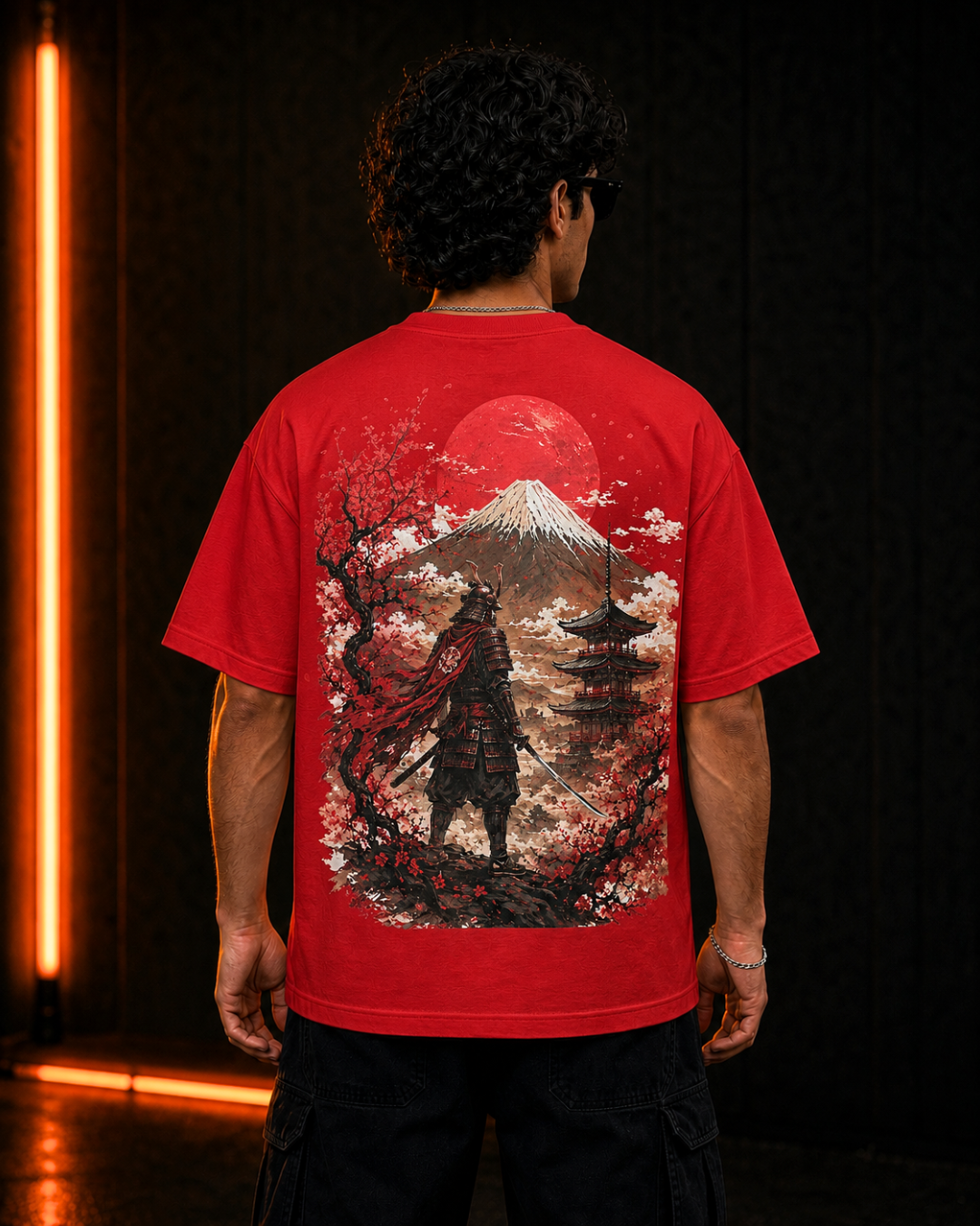 Ronin oversized red tee, back print on model