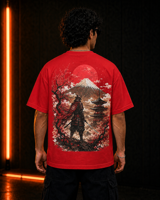 Ronin oversized red tee, back print on model