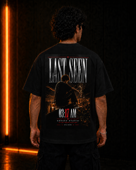 3:17 AM oversized Black tee, front on model