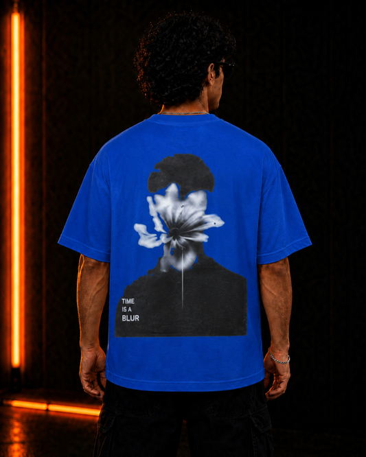 Time Is A Blur oversized royal blue tee, back print on model