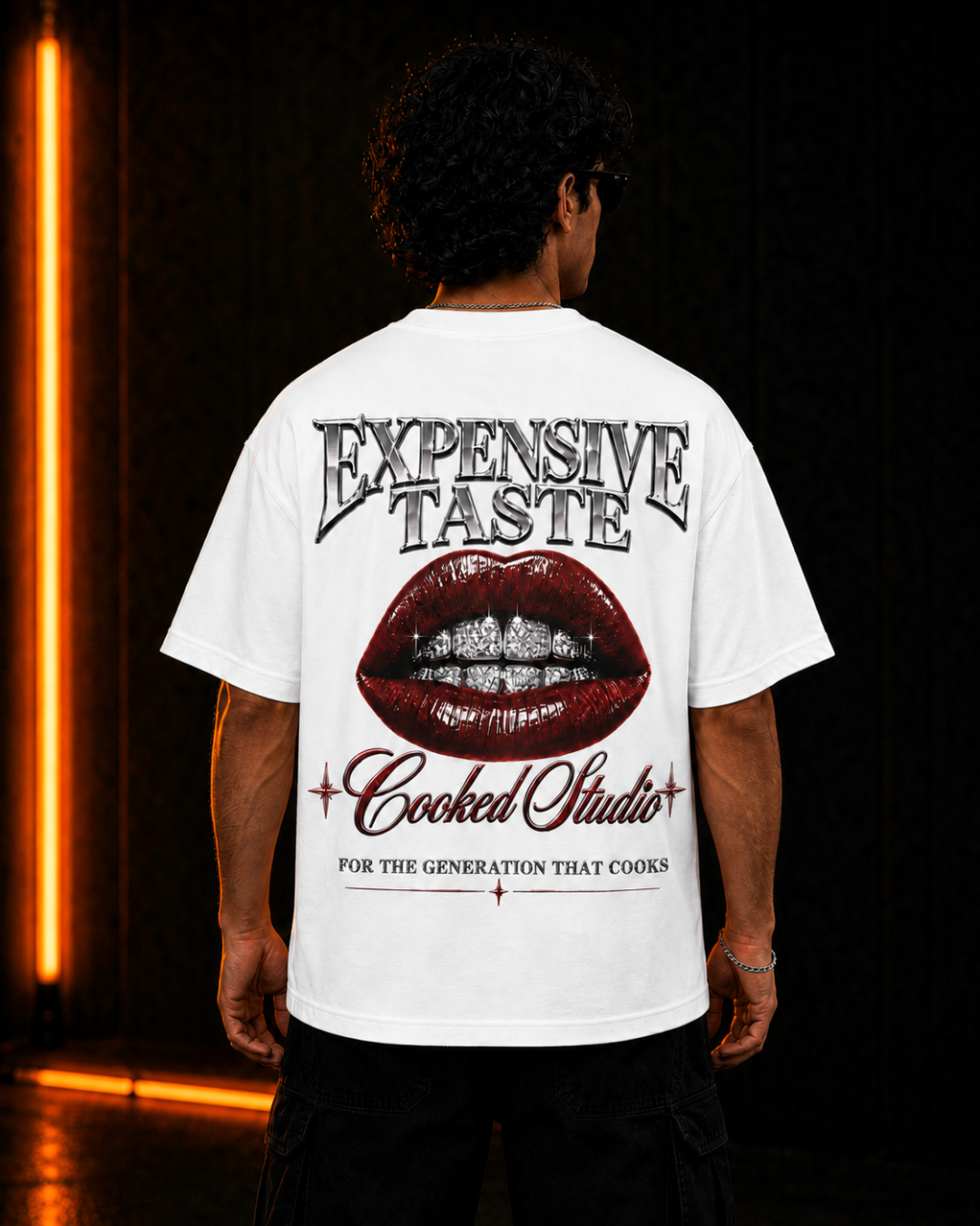 Expensive Taste oversized White tee, front on model