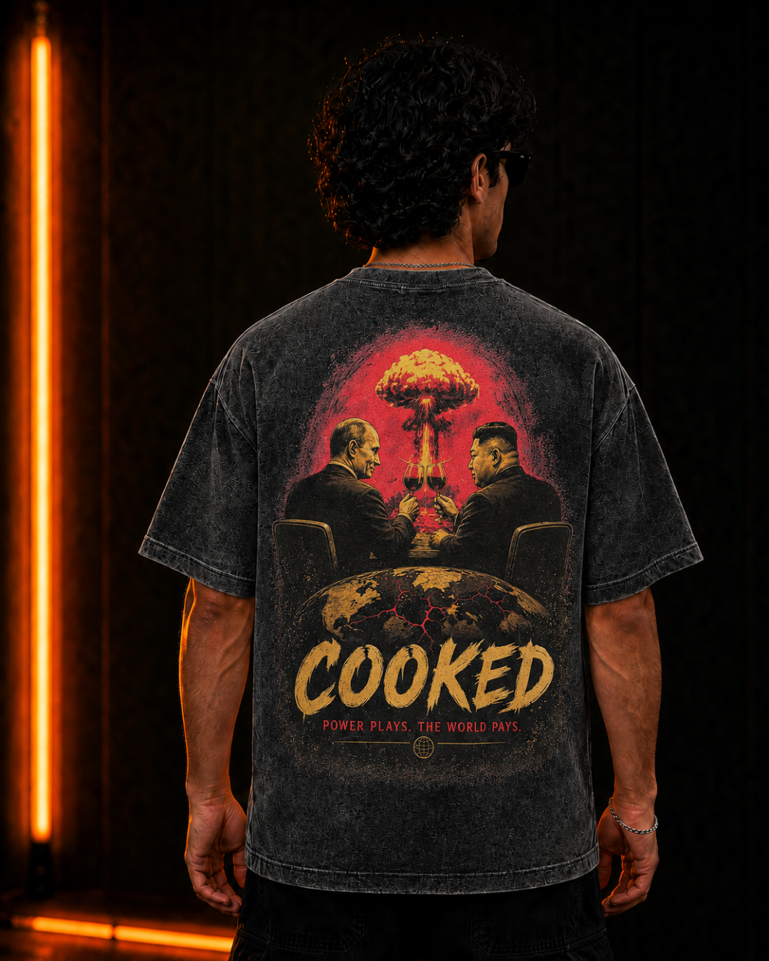 Power Plays oversized Charcoal tee, front on model