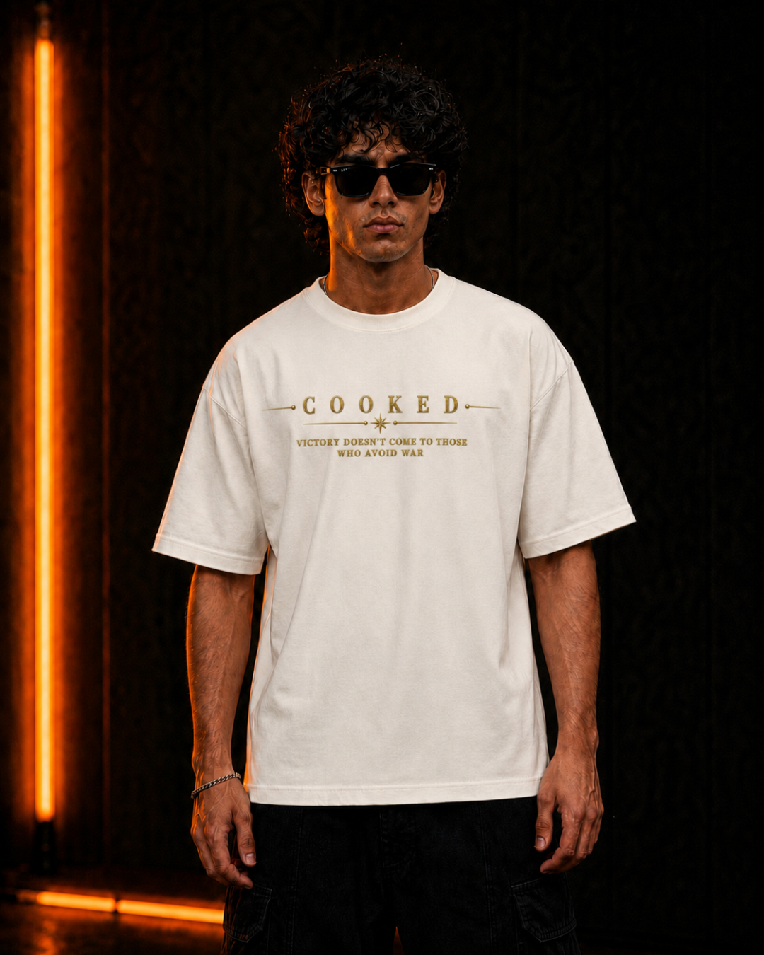 Peace Was Never An Option oversized bone tee, front on model