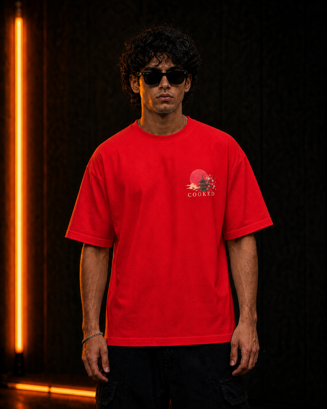 Ronin oversized red tee, front on model