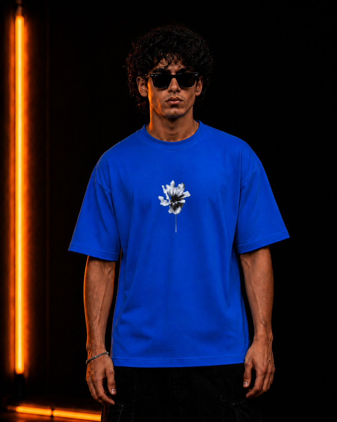 Time Is A Blur oversized royal blue tee, front on model