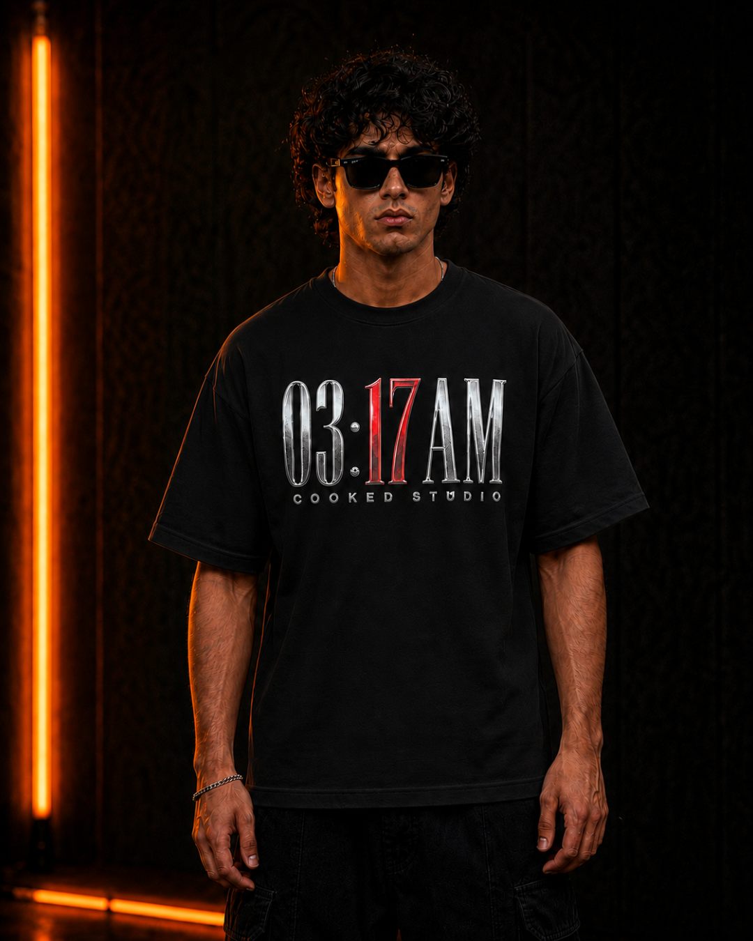 3:17 AM oversized Black tee, front detail