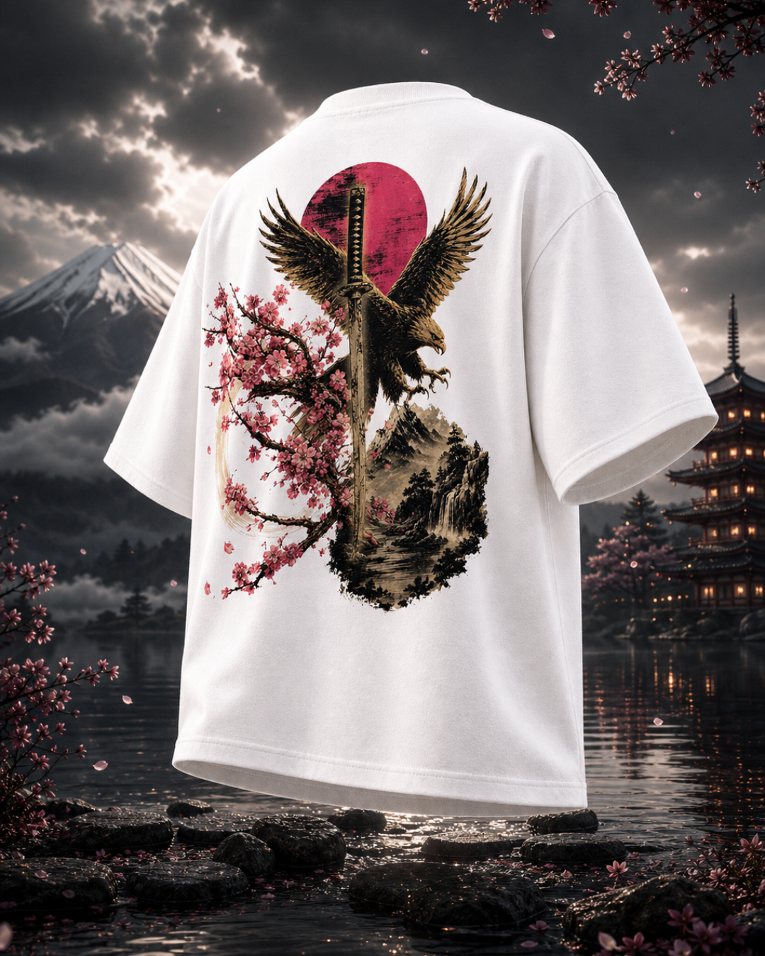 Katana back print: eagle gripping a katana with rising sun and cherry blossom
