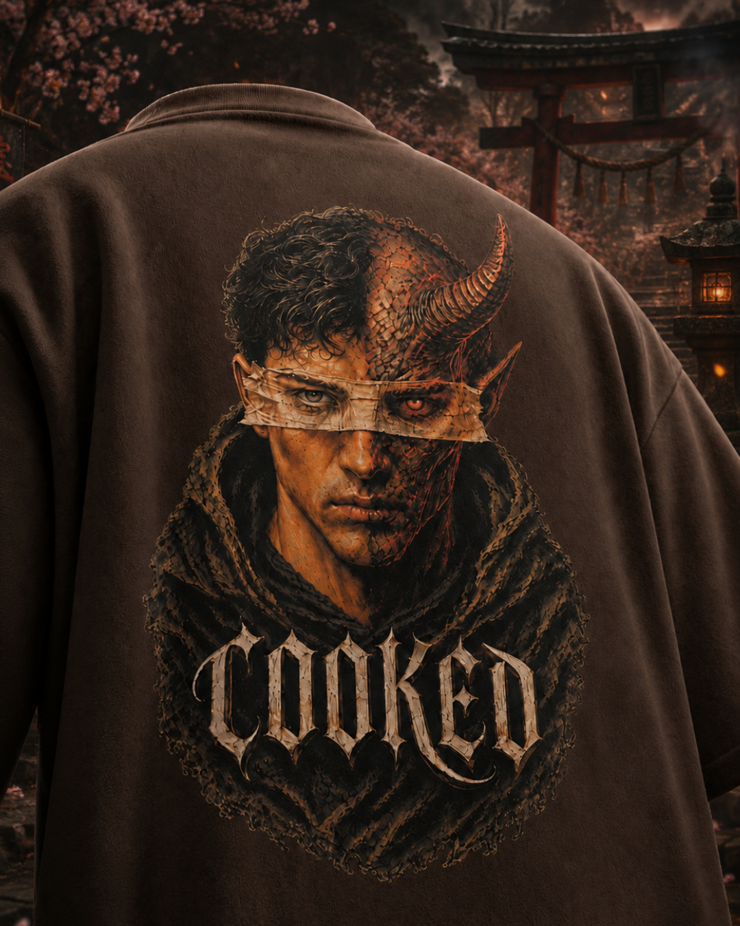 Demon oversized Brown tee, back on model
