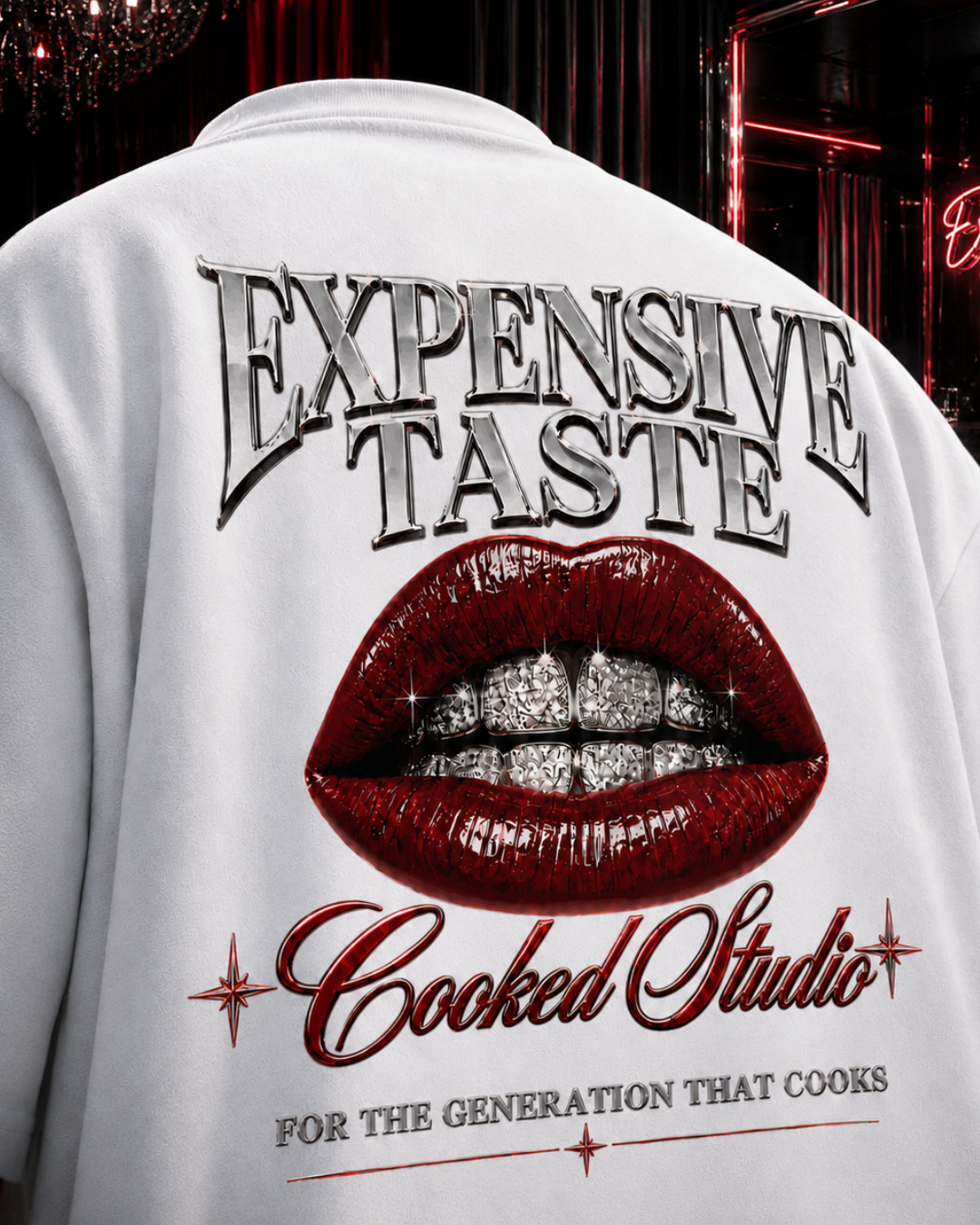 Expensive Taste oversized White tee, back on model