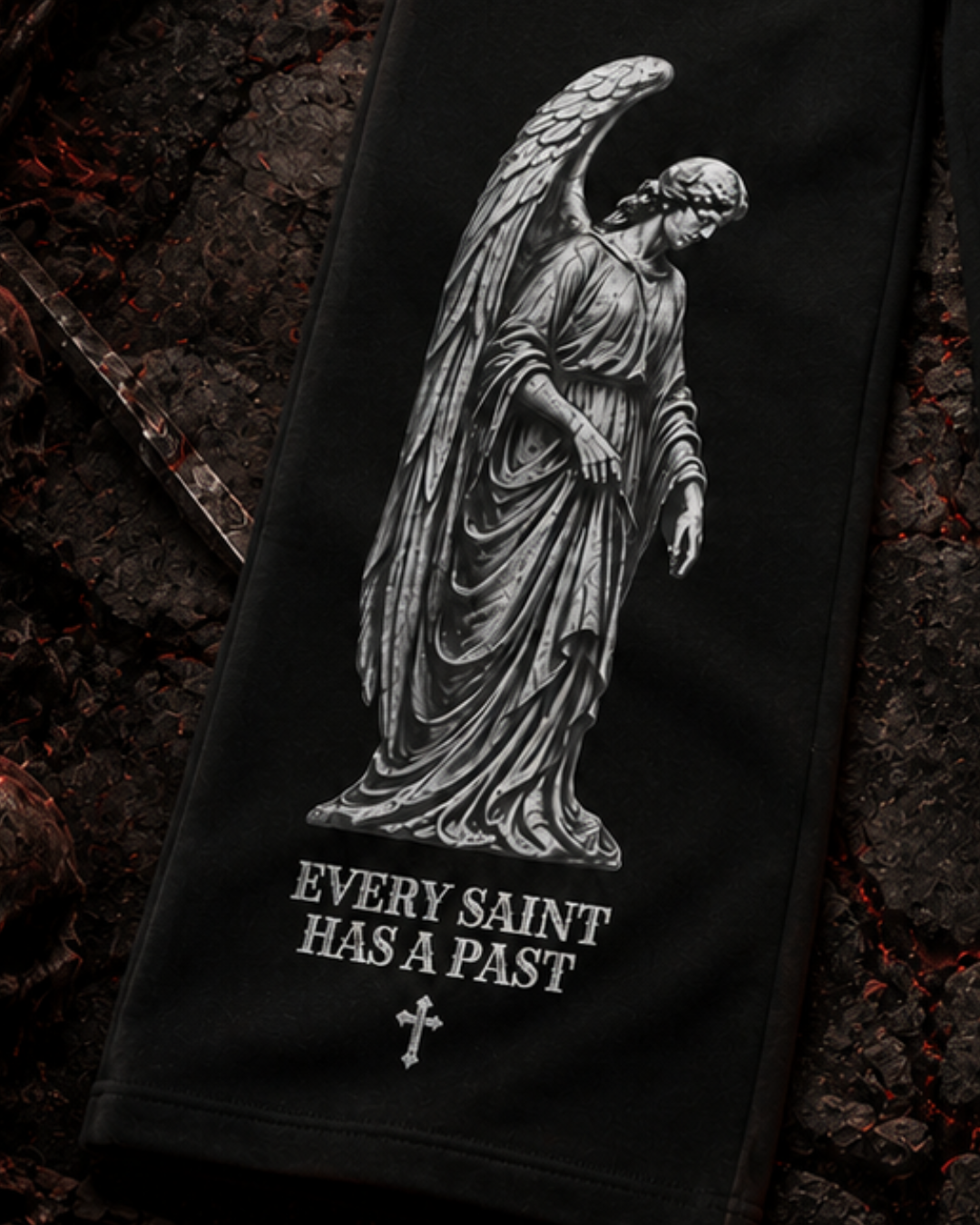Saint & Sinner leg prints: stone angel and horned statue