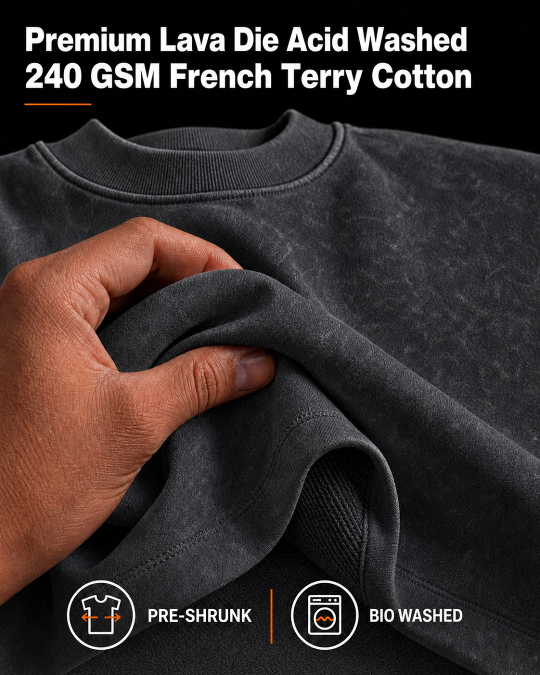 lava acid-washed 240 GSM French Terry cotton fabric detail