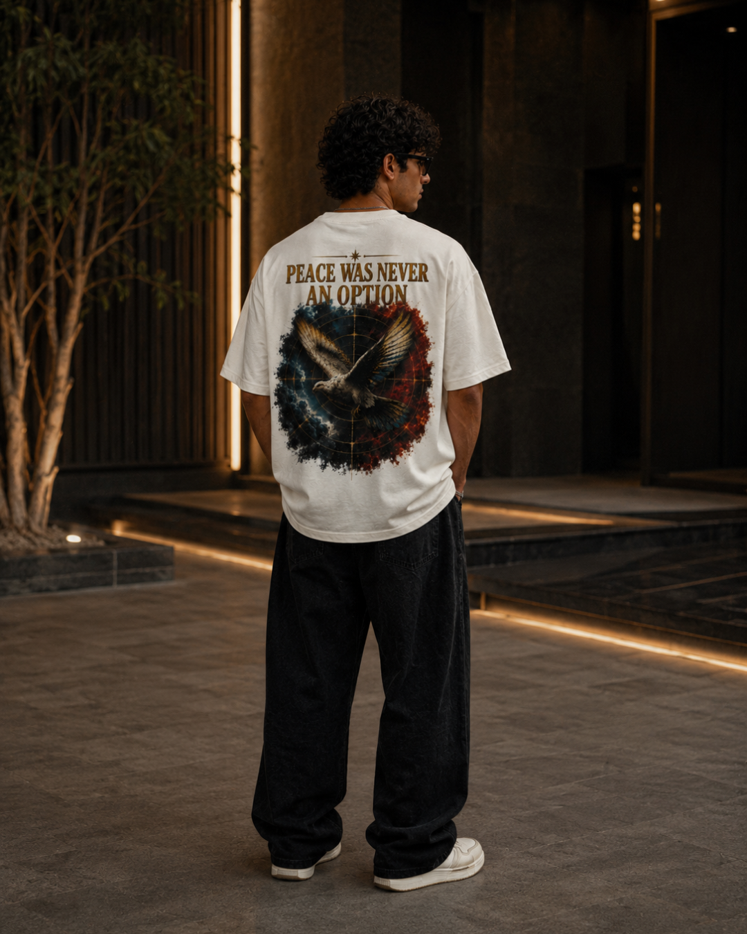 Peace Was Never An Option oversized bone tee lifestyle shot