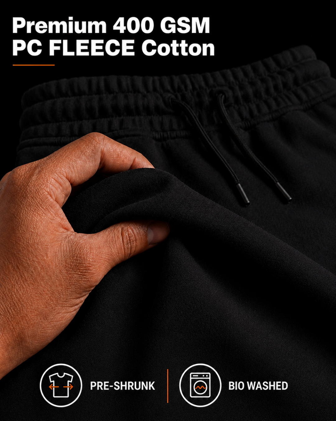 400 GSM PC fleece, pre-shrunk and bio-washed