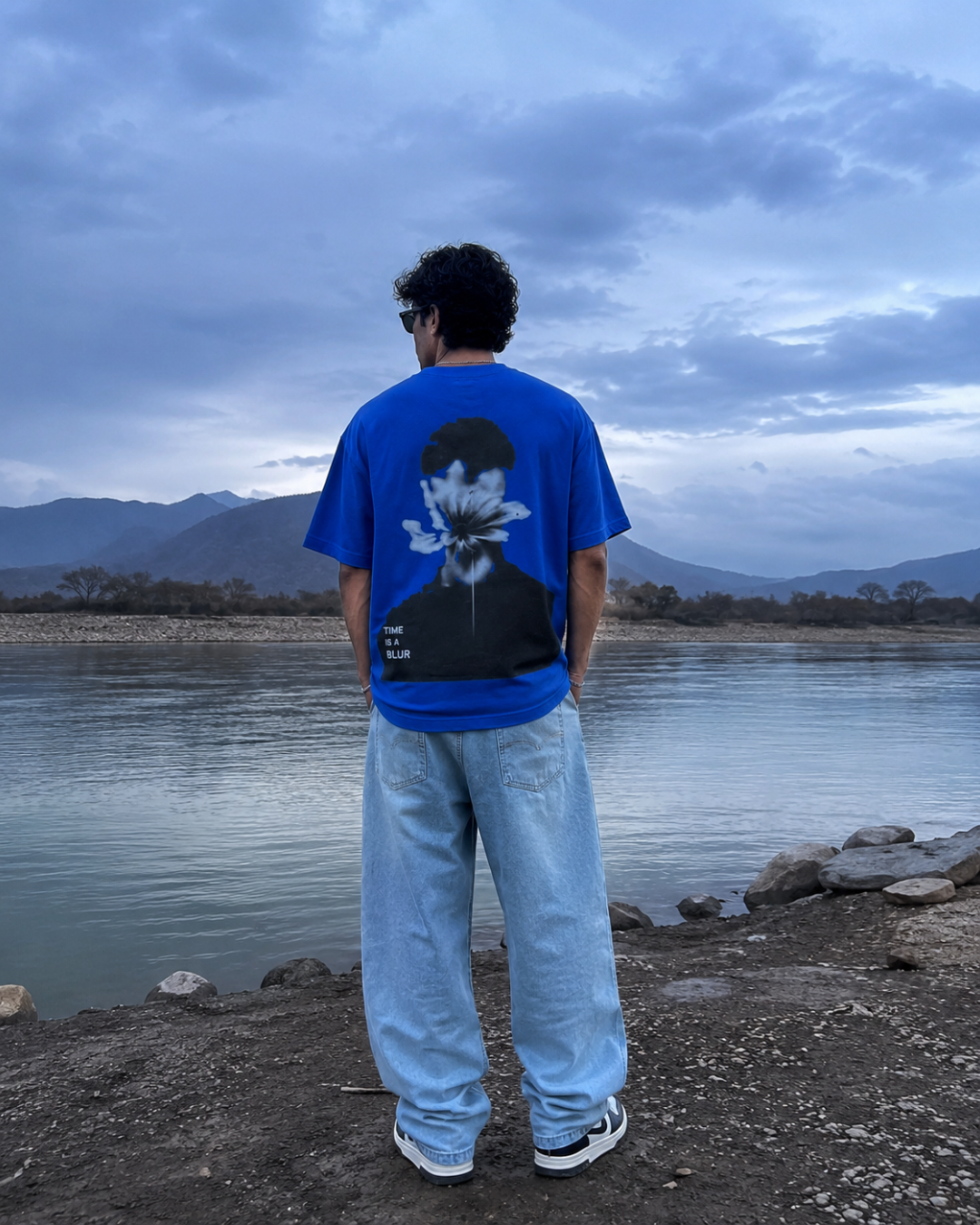 Time Is A Blur oversized royal blue tee lifestyle shot